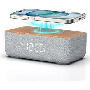 REACHER Alarm Clock Radio, Magnetic Wireless Charger for iPhone Fast Charging, Alarm Clock with Wireless Charging, 10 W Bluetooth Speaker, FM Radio, Bedroom, Bedside, Desk