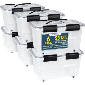 Stackable Storage Box Set – 6 Pack, 53 Quarts Each | Multi-Purpose, Space-Efficient Boxes with Nestable Design, Secure Latches, Easy-Move Wheels & Pull-Out Base – Clear