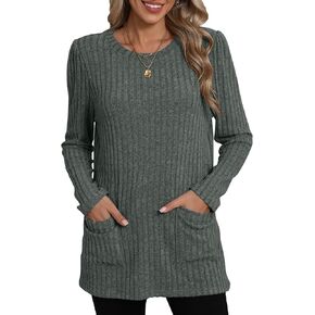 HIYIYEZI Long Sleeve Shirts for Women Casual Crewneck Tunic Tops Long Sweaters with Pockets