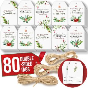 Christmas Gift Tags with String Attached - 80 Pcs Bulk Christmas Tags for Gifts with String, Happy Holidays Gift Tags Set, Unique Xmas Gift Tags, Hanging Christmas for Present Tags