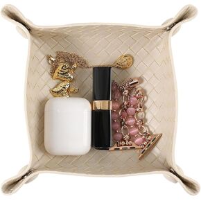 Valet Tray PU Leather Catch All Trays Desktop Storage Organizer Travel Dish Plate for Jewelry Key Wallet Watch Coin (10-Beige-1PC)