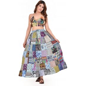 Hippie Forever Women's Boho Patchwork Skirts,High Waist Elastic Beach Maxi with Pocket,One Size (Waist 30-36 inches)