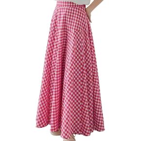 chouyatou Women's Retro Plaid A Line Midi Skirt Gingham High Elastic Waisted Pleated Swing Long Skirt