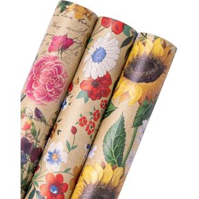 WRAPAHOLIC Kraft Floral Wrapping Paper - Mini Roll - 3 Rolls - 17 Inch x 120 Inch - All Occasion Vintage Flower and Sunflorwer Design for Wedding Bridal Shower Birthday