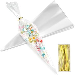 ROLYTA 100 Pcs Cone Shaped Treat Bags, 7x15 Inch Clear Popcorn Bags with Twist Ties,Small Triangle Plastic Cellophane Treat Bags for Snack Biscuit Candy Chocolate Party Favors