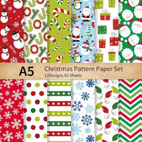 60 Sheets Christmas Pattern Paper A5 Snowman Santa Snowflake Scrapbook Specialty Paper Double Sided Red Green Art Paper for Xmas DIY Crafts Supplies, 5.5 x 8.3 Inch