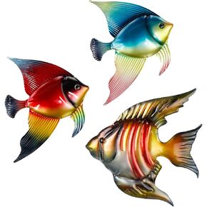 FANWNKI Set of 3 Metal Fish Wall Decor Art Outdoor Indoor Sculpture Hanging for Pool Home Porch Fence Garden