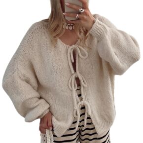 Women’s Bow Tie Oversized Sweater Y2k V Neck Knit Cardigan Cute Long Sleeve Pullover Top