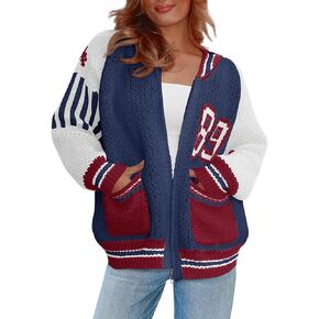 Saodimallsu Womens Bomber Varsity Sweater Jackets Vintage Zip Up Long Sleeve Loose Knitted Baseball Cardigans