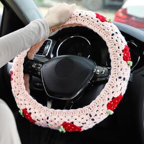 Crochet Steering Wheel Cover Set Women 14-15in, Handmade Granny Square Seat Belt Covers, Boho Strawberry Car Accessories Fit Vehicles, Sedans, SUVs, Vans CSWCS (Wheel Cover Suit)