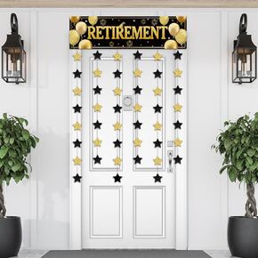 Blosssound Retirement Party Decoration Black Gold Retirement Door Banner with Gold Star Hanging Garland Retired Photo Booth Doorway Curtain Backdrop Background for Going Away Party Decoration Supplies