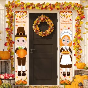 Thanksgiving Decorations Porch Banner Pilgrim Boy and Girl Porch Sign Banner for Thanksgiving Fall Harvest Front Door Banners for Autumn Party Supplies Decorations - 2pcs