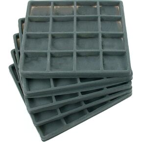 RJ Displays 5-Pack Grey 16 Compartment Half Size Jewelry Display Tray Inserts to showcase Rings, Pendants, Coin, Watch Parts, Jewelry Findings, Gemstones