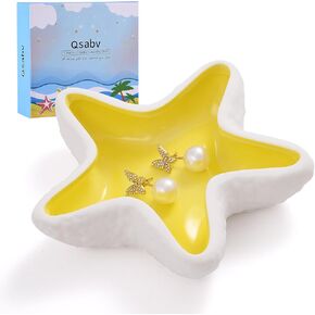 Starfish Ceramic Jewelry Tray, Blue Shell Trinket Dish, Ocean-themed Ring Holder Dish Decorative Plate for Earrings Necklaces Bracelet Watch Key, Coastal Beach Room Decor