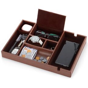 Valet Tray for Men - Nightstand Mens Valet Tray with 7 Compartments, Faux Leather Valet Tray for Men, Catchall EDC Trays Mens Dresser Top Organizer for Glasses, Phone, Keys, Wallet, Brown
