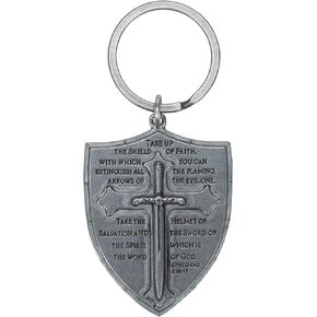 Roman Armor Cross Shield Inspirational Silver Tone 3.5 inch Zinc Metal Key Chain