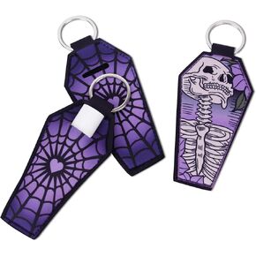 3 Pcs Halloween Lipstick Holder Keychain, Goth Skull Coffin Chapstick Lip Balm Holder Neoprene Gloss Holder Keyring