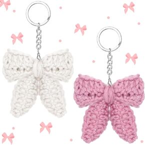 2 Pcs Cute Crochet Bow Keychain for Women Coquette Bow Keychain Accessories Aesthetic Bag Charms Pink Bow Crochet Plush Chains Bag Aesthetic Bag Charms