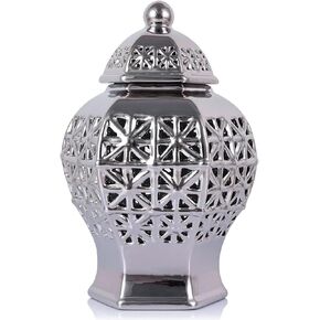 11.8" Silver Pierced Ginger Jars for Home Decor, Modern Luxury Silver Decor Ceramic Vase, Silver Small Ginger Jar Vase with Lid for Living Room, Kitchen, Dining Table, Cabinet, Bookshelf Decor