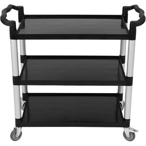 GarveeTech Service Carts with Brake Wheel, Heavy Duty 360lbs Capacity Utility Service Cart, 3-Tier Restaurant Food Cart with Hammer for Office, Warehouse, Garage Black