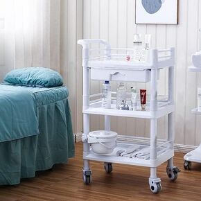lesolar Medical Trolley 3 Tier Rolling Medical Utility Cart with Dirt Bucket & Drawer Heavy Duty Esthetician Trolley Cart for Spa Beauty Salon Wax
