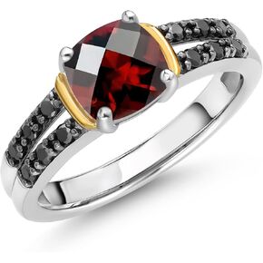 Gem Stone King 925 Silver and 10K Yellow Gold Red Garnet and Black Diamond Engagement Ring For Women (1.10 Cttw, Gemstone January Birthstone, Cushion Checkerboard 6MM, Available in Size 5,6,7,8,9)