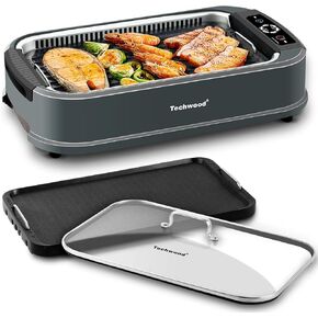 Techwood Indoor Smokeless Grill, 1500W Electric BBQ Grill and Non-Stick Grill Plates with Temperature Control, Removable Drip Tray, Tempered Glass Lid, Red