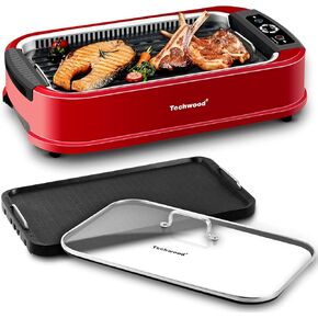 Techwood Indoor Smokeless Grill, 1500W Electric BBQ Grill and Non-Stick Grill Plates with Temperature Control, Removable Drip Tray, Tempered Glass Lid, Red