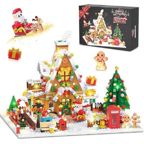 Christmas Gingerbread House Mini Building Set with LED Light, 1763 PCS Christmas House Courtyard Building Block Toy with Santa Xmas Tree Train Home Decor, Gift for Adult Kids Girls Boys 10+