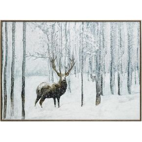 ArtbyHannah 20x28 Inch Christmas Canvas Wall Art, Framed Christmas Wall Decor, Winter Wall Art with Deer in Snowy Forest, Reindeer Christmas Decor for Christmas Wall Decoration