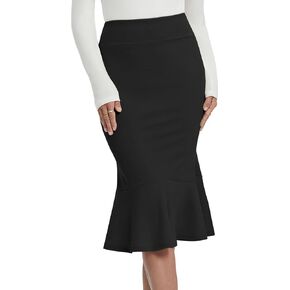 Women's Pencil Skirt Stretchy High Waist Office Work Bodycon Fishtail Skirt with Ruffle Hem Midi Length (US, Alpha, Medium, Regular, Regular, Black)