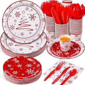 Hsei 350 Pcs Christmas Party Supplies Christmas Trees Balls Snowflakes Pine Cones Party Tableware Set Disposable Plates Napkins Paper Cups Plastic Cutlery For Christmas Xmas Serves 50(Christmas Tree)