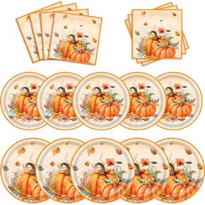 150Pcs Thanksgiving Plates and Napkins Set for 50 Guests, 9" Pumpkin Plates, Leave shaped Napkins, 7" Forks for Friendsgiving, Fall Party Supplies, Total 150PCS