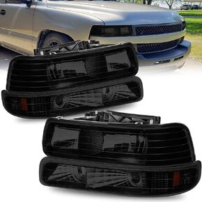 Headlight Assembly Compatible for 1999-2002 Chevy Silverado 1500 2500 | 2000-2006 Chevy Suburban 1500 2500 Tahoe Headlamp w/Black Housing/Smoked Lens/Transparent Reflector