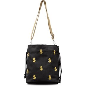 Drawstring Crossbody Bag, Canvas Shoulder Bag with Dollar Sign Print, Cute Bucket Rucksack for Women Daily Matching