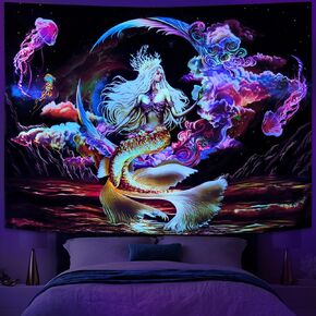 Generleo Blacklight Mermaid Moon Tapestry Fantasy Galaxy Space Jellyfish Tapestry UV Reactive Mountain Ocean Wave Tapestries Glow In The Dark Tapestry Wall Hanging for Room
