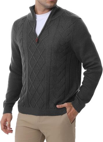 Les umes Mens Quarter Zip Sweater Cotton Mock Neck Pullover Sweaters Warm Long Sleeve Cable Knitted Jumper in Kuwait