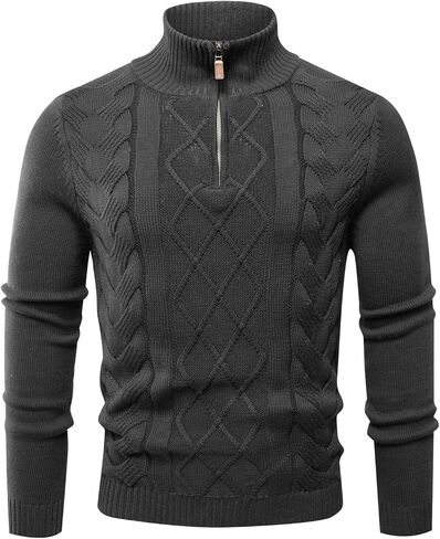 Les umes Mens Quarter Zip Sweater Cotton Mock Neck Pullover Sweaters Warm Long Sleeve Cable Knitted Jumper in Kuwait