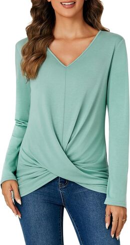 Vrtige Women's Casual V Neck Twist Front Long Sleeve Shirt Tunic Top Blouse in Saudi Arabia
