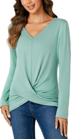 Vrtige Women's Casual V Neck Twist Front Long Sleeve Shirt Tunic Top Blouse in Saudi Arabia