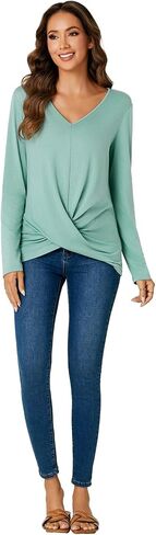 Vrtige Women's Casual V Neck Twist Front Long Sleeve Shirt Tunic Top Blouse in Saudi Arabia