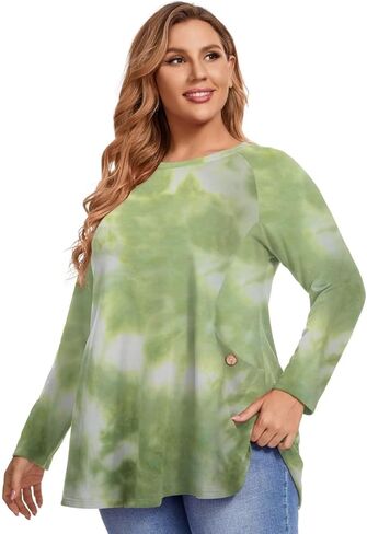 MONNURO Women's Plus Size Tie Dye Sweatshirts Long Sleeve Fall Tops Crewneck Casual Loose Tunic Shirts with Pockets in Kuwait