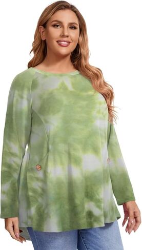 MONNURO Women's Plus Size Tie Dye Sweatshirts Long Sleeve Fall Tops Crewneck Casual Loose Tunic Shirts with Pockets in Kuwait