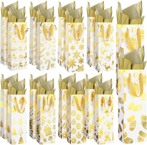 Kolldenn 18 Pcs Christmas Wine Bottle Gift Bags 9 Style Gold Foil with Tissue Paper and Name Tags for Winter Holiday Xmas Gift Party Favor Decoration, Liquor Lovers and Drinkers Gift Presents in Saudi Arabia