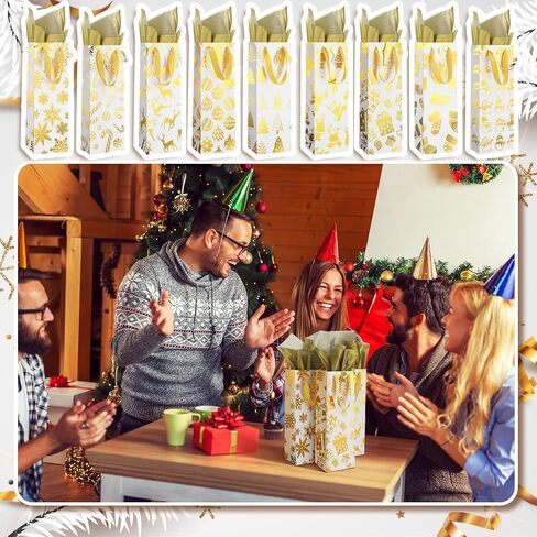 Kolldenn 18 Pcs Christmas Wine Bottle Gift Bags 9 Style Gold Foil with Tissue Paper and Name Tags for Winter Holiday Xmas Gift Party Favor Decoration, Liquor Lovers and Drinkers Gift Presents in Saudi Arabia