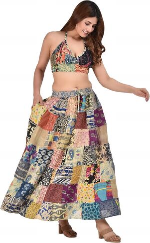 Hippie Forever Women's Boho Patchwork Skirts,High Waist Elastic Beach Maxi with Pocket,One Size (Waist 30-36 inches) in Kuwait