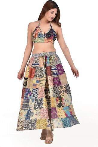 Hippie Forever Women's Boho Patchwork Skirts,High Waist Elastic Beach Maxi with Pocket,One Size (Waist 30-36 inches) in Kuwait