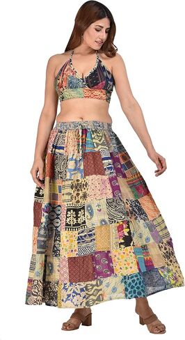 Hippie Forever Women's Boho Patchwork Skirts,High Waist Elastic Beach Maxi with Pocket,One Size (Waist 30-36 inches) in Kuwait
