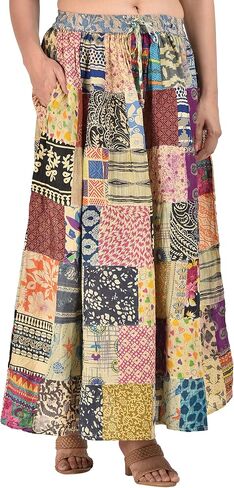 Hippie Forever Women's Boho Patchwork Skirts,High Waist Elastic Beach Maxi with Pocket,One Size (Waist 30-36 inches) in Kuwait
