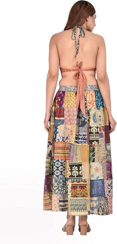 Hippie Forever Women's Boho Patchwork Skirts,High Waist Elastic Beach Maxi with Pocket,One Size (Waist 30-36 inches) in Kuwait